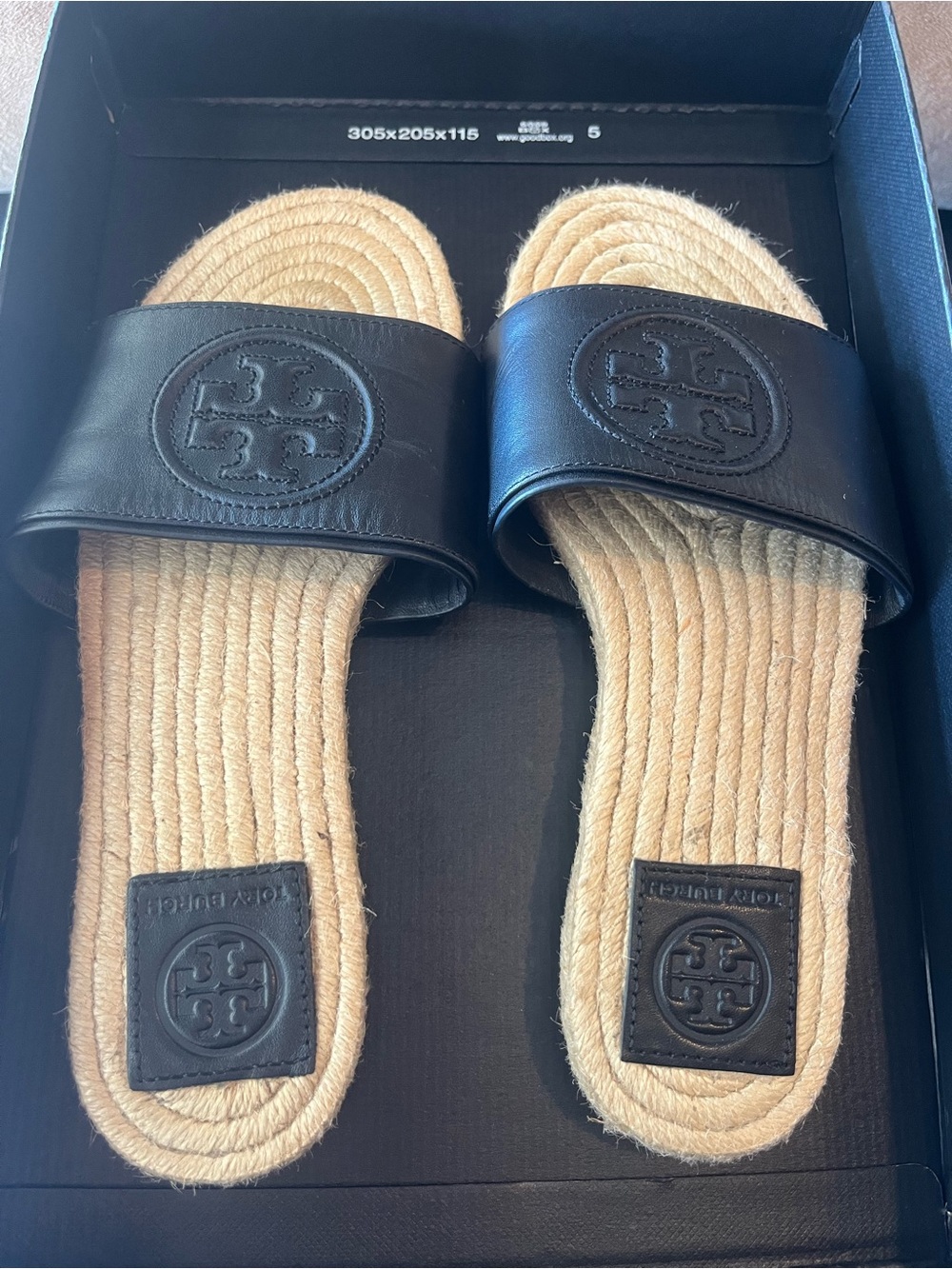 Tory Burch Black Leather Logo Slide Sandals with Natural Rope Footbed